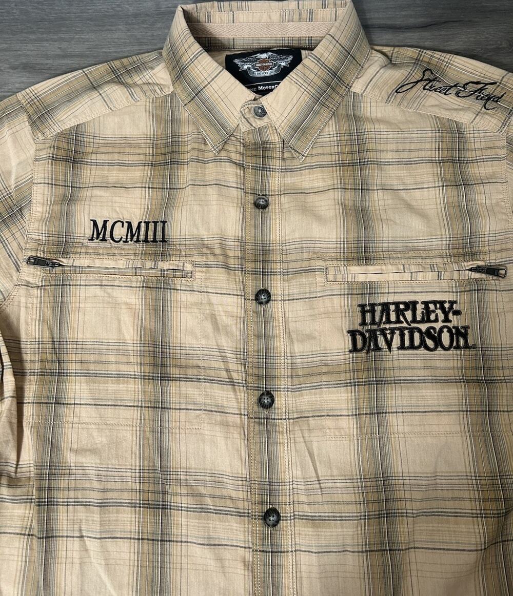 Harley Davidson MCMIII 1903 Plaid Shirt Mens M Street Fiend Zip Pocket Beige